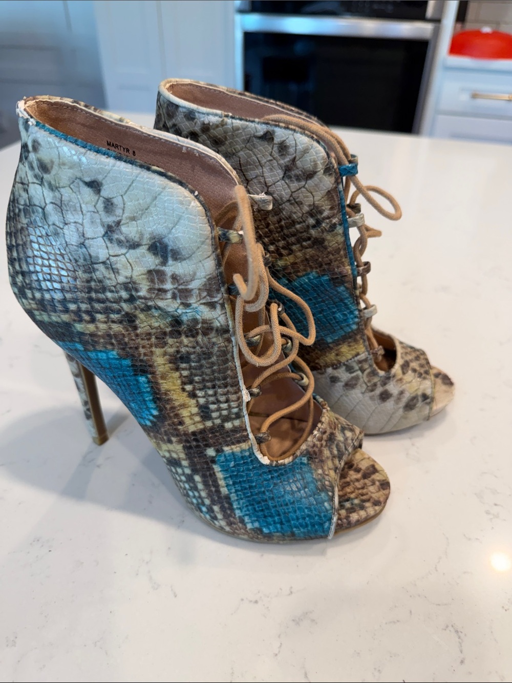 Zigi Soho Snakeskin Lace-Up Peep Toe Heels in Teal and Brown